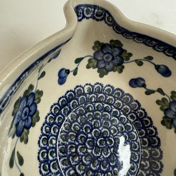 Unikat Polish Handmade Floral Handled Ceramic Mixing Bowl with Spout Blue White - Picture 11 of 11